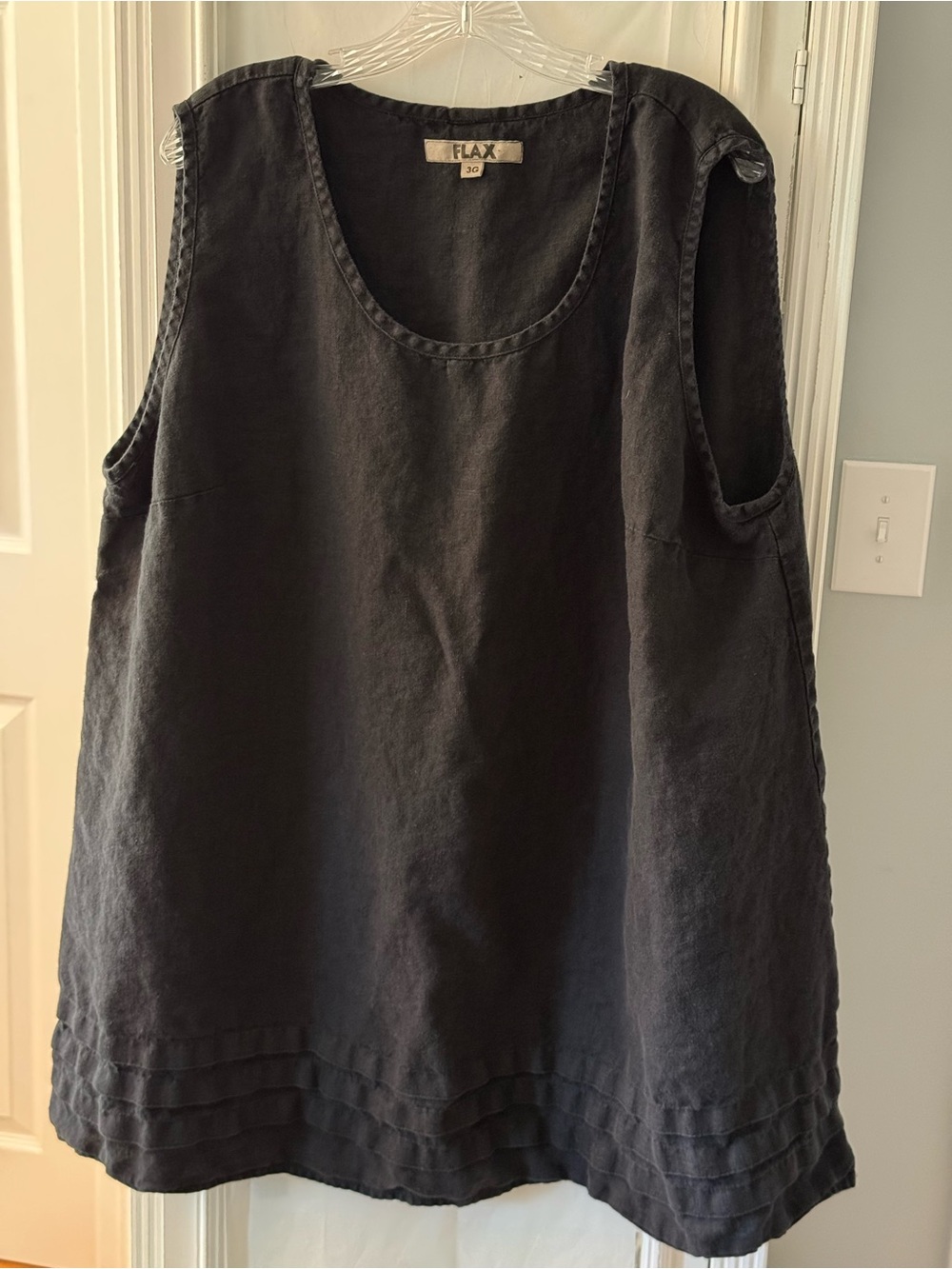 Flax Black Scoop Neck Sleeveless Linen Tunic with Pleated Ruffle Hem Size 3G